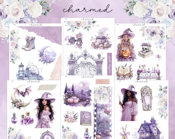 May include: A collection of watercolor illustrations with a witchy theme, featuring images of witches, pumpkins, moons, and potion bottles in shades of purple and lavender. The word "charmed" is written at the top.