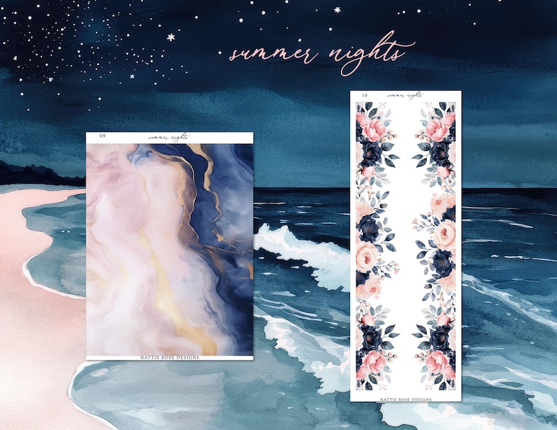 May include: Two planner sticker sheets with a watercolor theme. One features a marble design in shades of blue, pink, and gold. The other has floral arrangements with pink and navy blooms. The words "summer nights" are written in cursive.