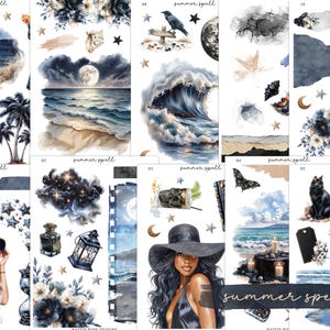 May include: A collection of watercolor illustrations with a summer theme. The images feature ocean waves, a full moon over the sea, a black cat, a woman in a hat, and other celestial and beach-themed elements. The text "summer spell" is visible.