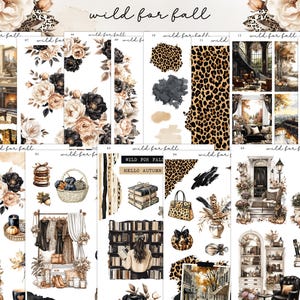 May include: A selection of decorative stickers with an autumnal theme. The stickers depict floral designs, leopard print patterns, and fall landscapes. Text includes "wild for fall" and "Hello Autumn". The colour scheme features beige, black, and brown.