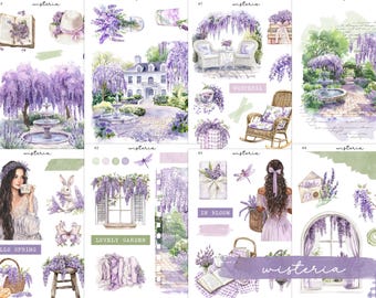 May include: A collage of watercolor illustrations featuring wisteria flowers and garden scenes. Includes images of a fountain, a house, a woman, a rabbit, and text that says "Hello Spring", "Lovely Garden", and "In Bloom".
