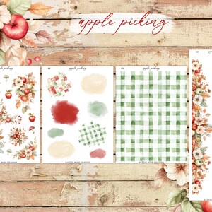 May include: Watercolor-style stickers and patterned papers with an autumn theme. The designs include apples, flowers, and a green gingham pattern. The text "apple picking" is written in cursive.