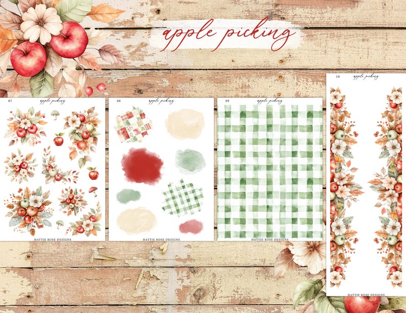 May include: Watercolor-style stickers and patterned papers with an autumn theme. The designs include apples, flowers, and a green gingham pattern. The text "apple picking" is written in cursive.