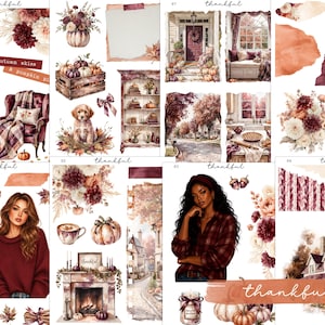May include: A collection of digital stickers featuring autumn-themed illustrations including pumpkins, floral arrangements, cozy interiors, a puppy, a fireplace, and people in sweaters, with text elements reading thankful, autumn skies, and pumpkin pie.
