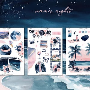 May include: Watercolor illustrations of summer-themed stickers. The stickers feature a variety of designs, including a moon, beach scenes, flowers, and a beanbag chair. The text "summer nights" is written in cursive.