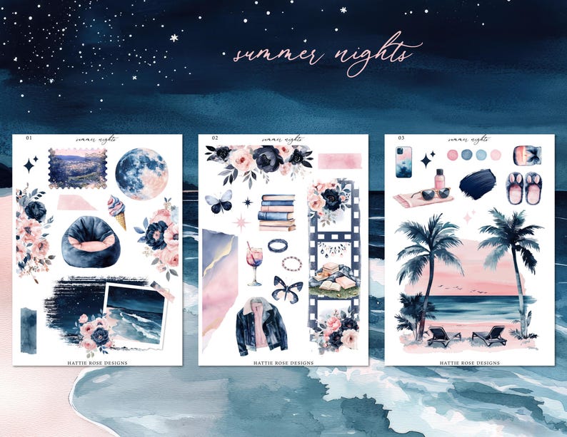 May include: Watercolor illustrations of summer-themed stickers. The stickers feature a variety of designs, including a moon, beach scenes, flowers, and a beanbag chair. The text "summer nights" is written in cursive.