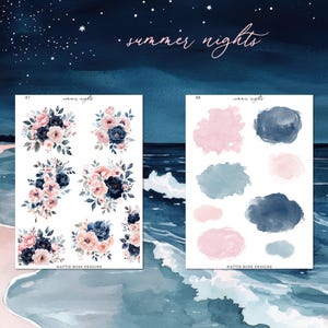 May include: Two sheets of stickers with floral and abstract designs. One sheet features bouquets of pink and navy blue flowers. The other sheet has watercolor paint splotches in pink, blue, and navy. The words "summer nights" are written at the top.