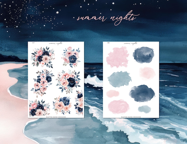 May include: Two sheets of stickers with floral and abstract designs. One sheet features bouquets of pink and navy blue flowers. The other sheet has watercolor paint splotches in pink, blue, and navy. The words "summer nights" are written at the top.
