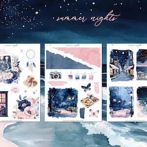 May include: Watercolor sticker sheets with a summer nights theme. The sheets feature illustrations of a Ferris wheel, a camera, a cafe, and a park scene, with a color palette of blue, pink, and white. The text "summer nights" is written at the top.