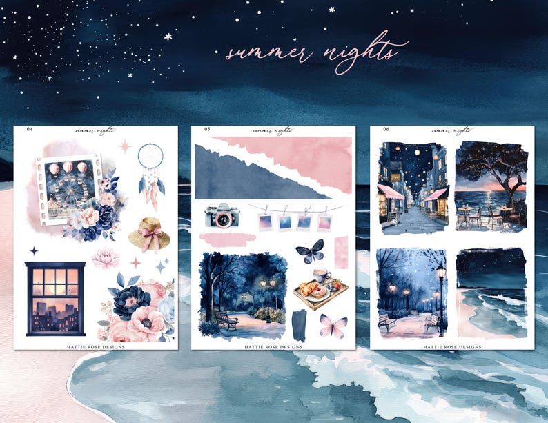 May include: Watercolor sticker sheets with a summer nights theme. The sheets feature illustrations of a Ferris wheel, a camera, a cafe, and a park scene, with a color palette of blue, pink, and white. The text "summer nights" is written at the top.