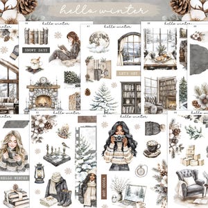 Puede incluir: Una colección de pegatinas con temática invernal con ilustraciones en acuarela. Las pegatinas presentan escenas acogedoras con chimeneas, libros y personas disfrutando de bebidas calientes. El texto "hello winter" y "SNOWY DAYS" son visibles.