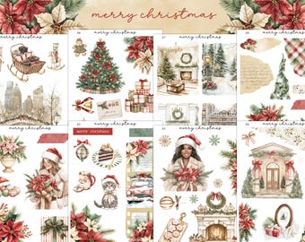May include: A collage of watercolor Christmas-themed illustrations. The images include a decorated Christmas tree, poinsettias, a fireplace, a woman in a Santa hat, and a cat. The words "merry christmas" are written across the top.