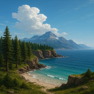 Könnte beinhalten: Eine malerische Aussicht auf einen Strand mit einem Sandufer, türkisfarbenem Wasser und einem Gebirge im Hintergrund. Der Strand ist von grünen Bäumen und Klippen umgeben. Eine große weiße Wolke befindet sich am Himmel.