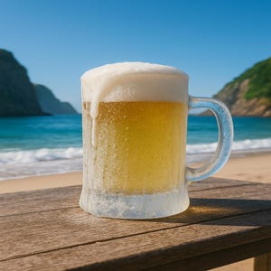 Könnte beinhalten: Ein gefrosteter Glaskrug gefüllt mit hellem, gelbem Bier mit einem dicken, weißen Schaumkopf. Der Krug steht auf einem Holztisch mit einem Strand und Meer im Hintergrund.