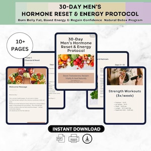 Puede incluir: Una guía de descarga digital para un protocolo de reinicio hormonal y energético para hombres de 30 días. La guía incluye un mensaje de bienvenida, una lista de alimentos para comer y un plan de entrenamiento de fuerza. La portada presenta una imagen colorida de verduras frescas y el texto "Boost Testosterone, Reclaim Vitality & Heal Naturally".