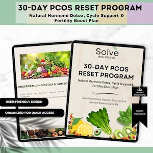 May include: A digital download for a 30-day PCOS reset program. The program includes a natural hormone detox, cycle support, and fertility boost plan. The cover features a colorful image of fruits and vegetables.