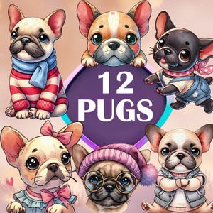Pug Clipart Pack – 12 Bulldogs, Cute Watercolor Dog PNGs, Printable Pet Art on Transparent Background for Creative Projects