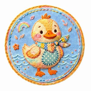 May include: A circular embroidery hoop art piece featuring a yellow duckling on a light blue fabric background. The duckling wears a colourful polka-dot neckerchief. The scene includes embroidered waves, a small rainbow, and orange flowers.