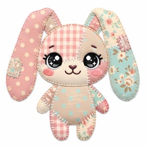Puede incluir: Un juguete de peluche con forma de conejo que presenta un diseño de patchwork con varios patrones, incluyendo cuadros vichy rosas, lunares azul claro y estampados florales. Tiene grandes ojos negros con reflejos blancos y costuras visibles.