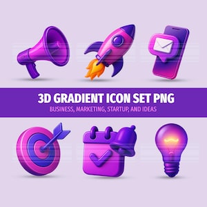 May include: A set of 3D gradient icons in purple and pink, including a megaphone, rocket, smartphone with an email notification, target with an arrow, calendar with a checkmark and bell, and a lightbulb. The text reads "3D GRADIENT ICON SET PNG" and "BUSINESS, MARKETING, STARTUP, AND IDEAS."