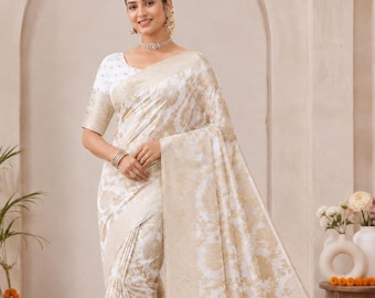 Zachte Khadi Georgette-zijden sari met rijke Zari Pichwai-geweven pallu, Indiase vrijetijdskleding