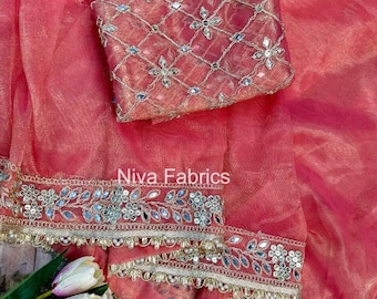 Designer Twill Net Saree with Heavy Embroidery & Mirror Work Lace Border