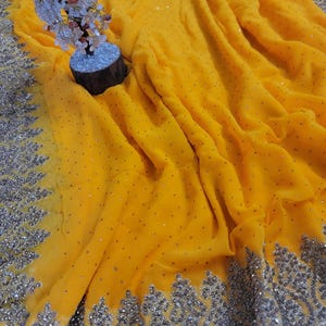 Handmade Yellow Colour Blooming Georgette Saree, With Primiume Hand Work With Diamond And Embroidery Work Womens Saree Wedding & Party saree