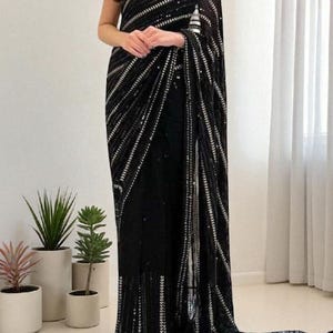 Bollywood Sequin & Zari Embroidered Georgette Saree: Banglori Satin Blouse