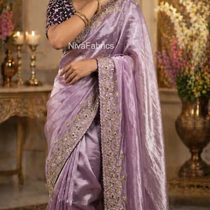 Sari de satén Fandy, pallu con lentejuelas y borde calado, sari para ocasiones festivas.