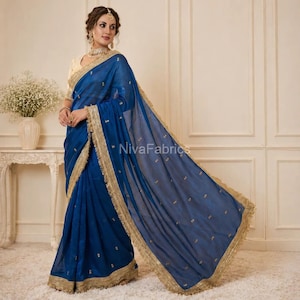 Fandy Satin Saree,Sequence Butti Work , Lace Border,Wedding wear saree