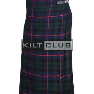 May include: A kilt in a tartan pattern of green, navy, and red. The kilt has two leather straps with buckles and the text "KILT CLUB".