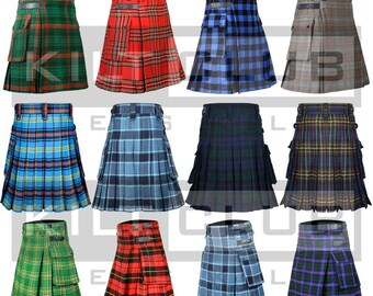 Kilts utilitaires tartan écossais pour hommes - kilt de poids moyen 16 oz - kilt traditionnel des Highlander - commande personnalisée - 100 couleurs - lanières de cuir
