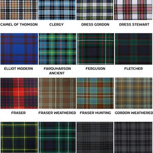 May include: A collection of tartan fabric swatches, each with a unique plaid pattern and name. Colors include blue, green, red, and gray. The names of the tartans are printed below each swatch, such as "Camel of Thomson" and "Dress Stewart."