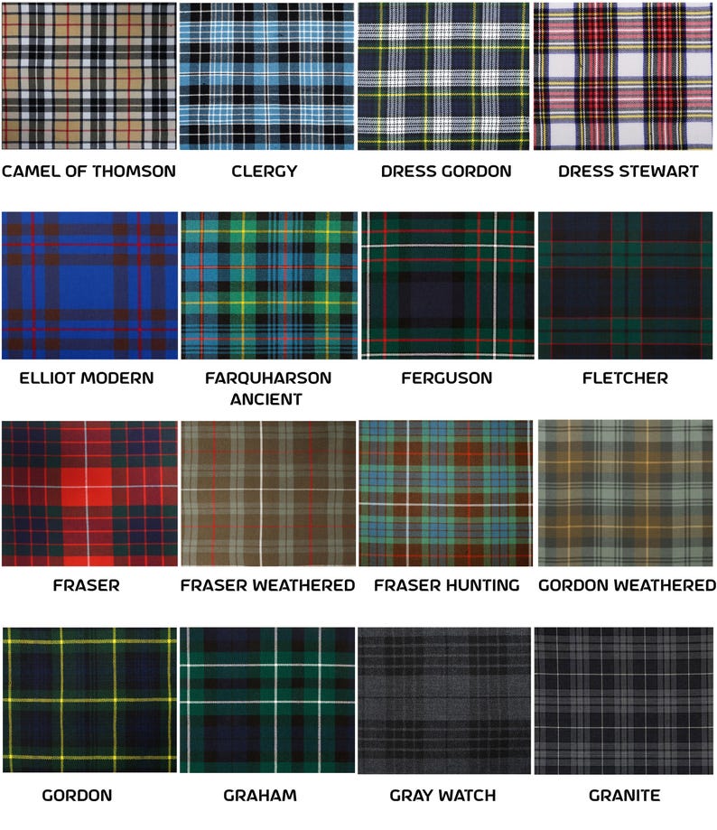 May include: A collection of tartan fabric swatches, each with a unique plaid pattern and name. Colors include blue, green, red, and gray. The names of the tartans are printed below each swatch, such as "Camel of Thomson" and "Dress Stewart."