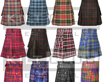 Kilts utilitaires tartan écossais pour hommes - kilt de poids moyen 16 oz - kilt traditionnel des Highlander - commande personnalisée - 100 couleurs - bretelles tartan