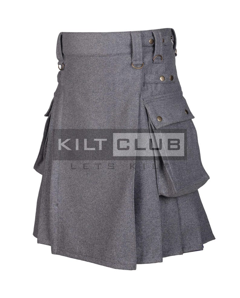 Kilt Feature Gray Wool Utility Kilt - Premium Handmade Scottish Kilt - Real 16 Oz ...