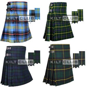 May include: Four kilts in various tartan patterns are displayed. The kilts feature a pleated design, adjustable buckles, and a traditional Scottish style. The image includes the text "KILT CLUB". The kilts are in shades of blue, green, and yellow.