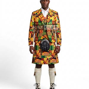 Giacca e gilet Zulu Pride Argyll - con kilt abbinato da 8 iarde per uomo - Completo fusion scozzese-africano - Kilt di alta qualità fatto a mano