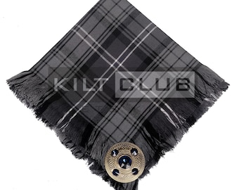 May include: A gray and black plaid kilt scarf with fringe edges and a decorative gold-colored brooch with blue accents. The text "KILT CLUB" is visible on the scarf.