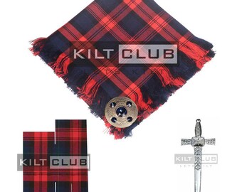 Maclachlan Tartan Kilt Accessories Package - Scottish Tartan Fly Plaid - Brooch Pin - Kilt Pin - Matching Pair of Flashes