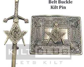Accesorios para kilt de diseño masónico tradicional escocés para hombre - Hechos de latón antiguo - Broche para kilt con hebilla de cinturón - Hechos a mano de primera calidad