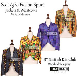 Op de afbeelding: Vier mannequins tonen Afro-fusion jacks en vesten. De jacks tonen gedurfde, kleurrijke Afrikaans geïnspireerde patronen in geel, oranje, paars en zwart. De tekst "Scot Afro Fusion Sport Jackets & Waistcoats" is zichtbaar.