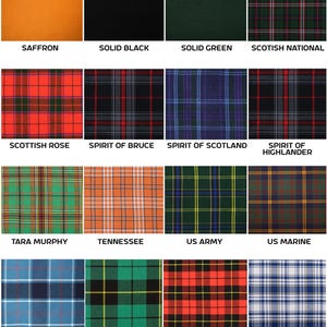 May include: A collection of fabric swatches showcasing various tartan patterns and solid colors. The swatches include colors like saffron, black, and green, alongside traditional Scottish tartans and patterns like "US Navy" and "Wallace Hunting". Each swatch is labeled with its name.