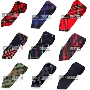 May include: Nine plaid neckties in various colors, including red, blue, green, and gray. Each tie features a distinct tartan pattern. The ties are displayed against a white background, with the "KILT CLUB" logo visible on each.
