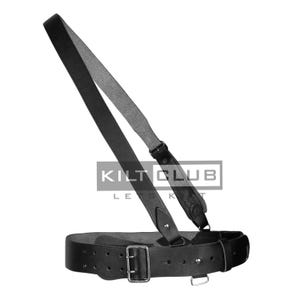 May include: Black leather kilt belt and shoulder strap. The belt has a silver buckle and adjustment holes. The shoulder strap is attached to the belt with a buckle. The text "KILT CLUB" is visible.
