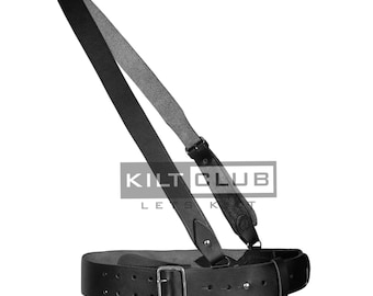 Sam Browne Black Leather Belt with Crossover Shoulder Strap - British Military Belts - with Silver Accessories - Made To Order