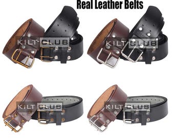 Scottish Real Leather KILT BELT - Handmade 2.5 Inches Wide - Premium Cowhide Leather Belt - 2 Prongs Buckle Leather Belt - Custom Kilt Belt