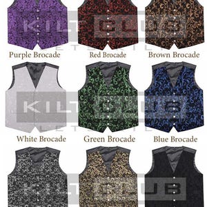 Può includere: Nove diversi gilet in broccato in vari colori, tra cui viola, rosso, marrone, bianco, verde, blu, argento, oro e nero. Ogni gilet presenta uno scollo a V e chiusura con bottoni, con un motivo floreale decorativo. I gilet sono esposti su sfondo bianco.