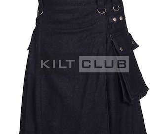 Kilt utilitaire en laine noir anthracite - kilt écossais fait main de qualité supérieure - laine véritable 16 Oz - kilt Highlander pour homme - kilt cargo - réalisé sur commande