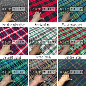 Può includere: Nove campioni di tessuto tartan con diversi disegni a quadri e combinazioni di colori. I campioni includono Hebridean Heather, Kerr Modern, Maclaren Ancient, US Coast Guard, Greene Family, Dundee Tartan, Stewart Hunting Ancient, Stewart Hunting Weathered e Murray of Athol Modern.